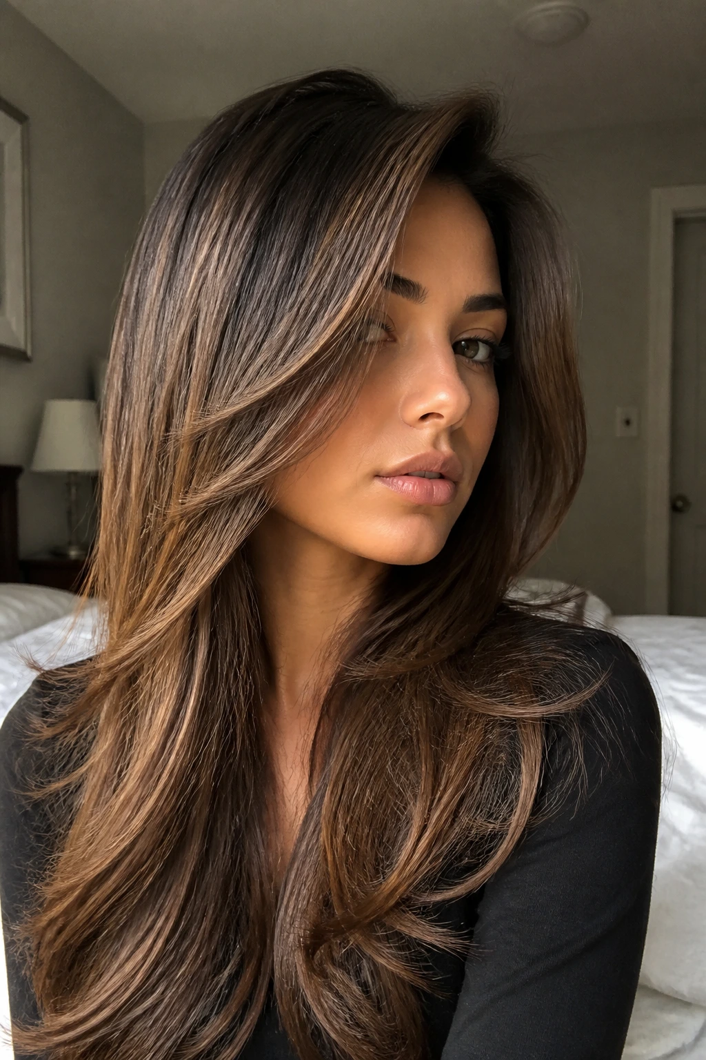 Close-up of a real woman with a deep angled face frame in long hair, warm window light.