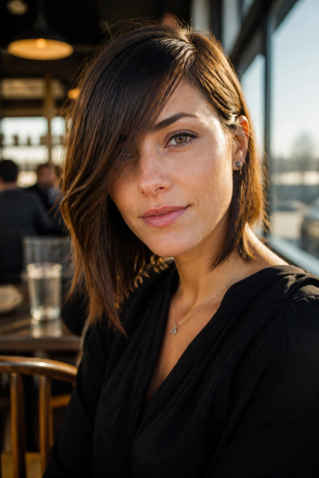 Close-up of a real woman with diagonal angled fringe across the forehead.