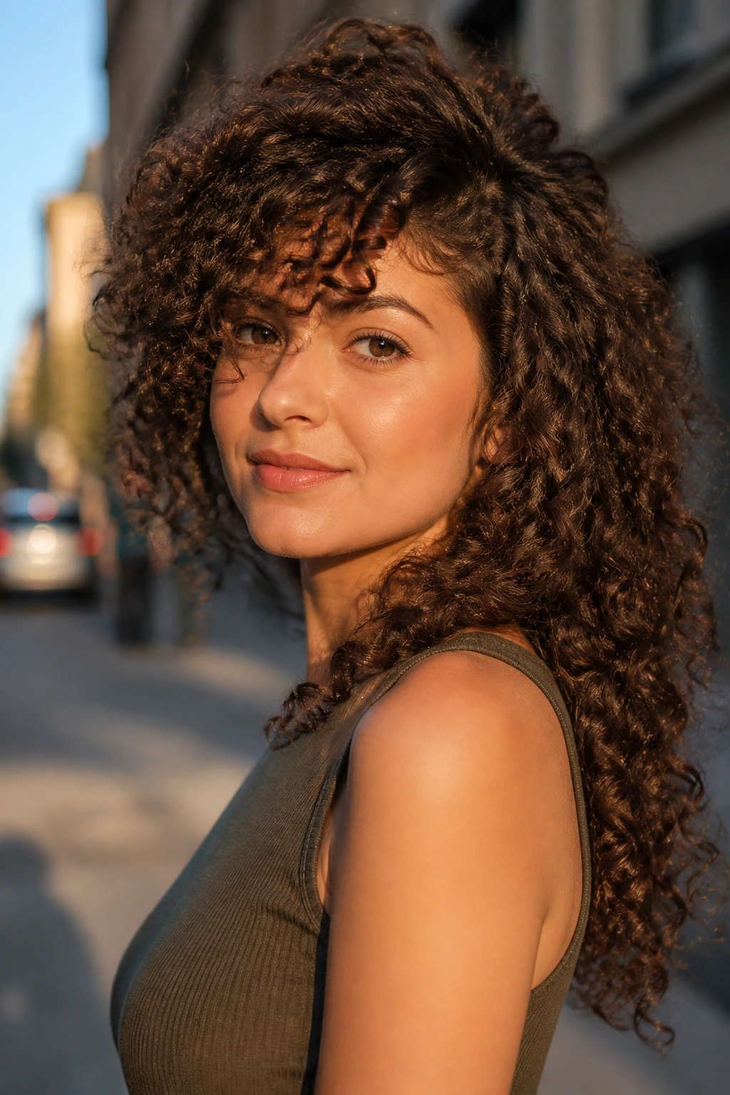 Real person with angled front curly pieces on an urban street at golden hour