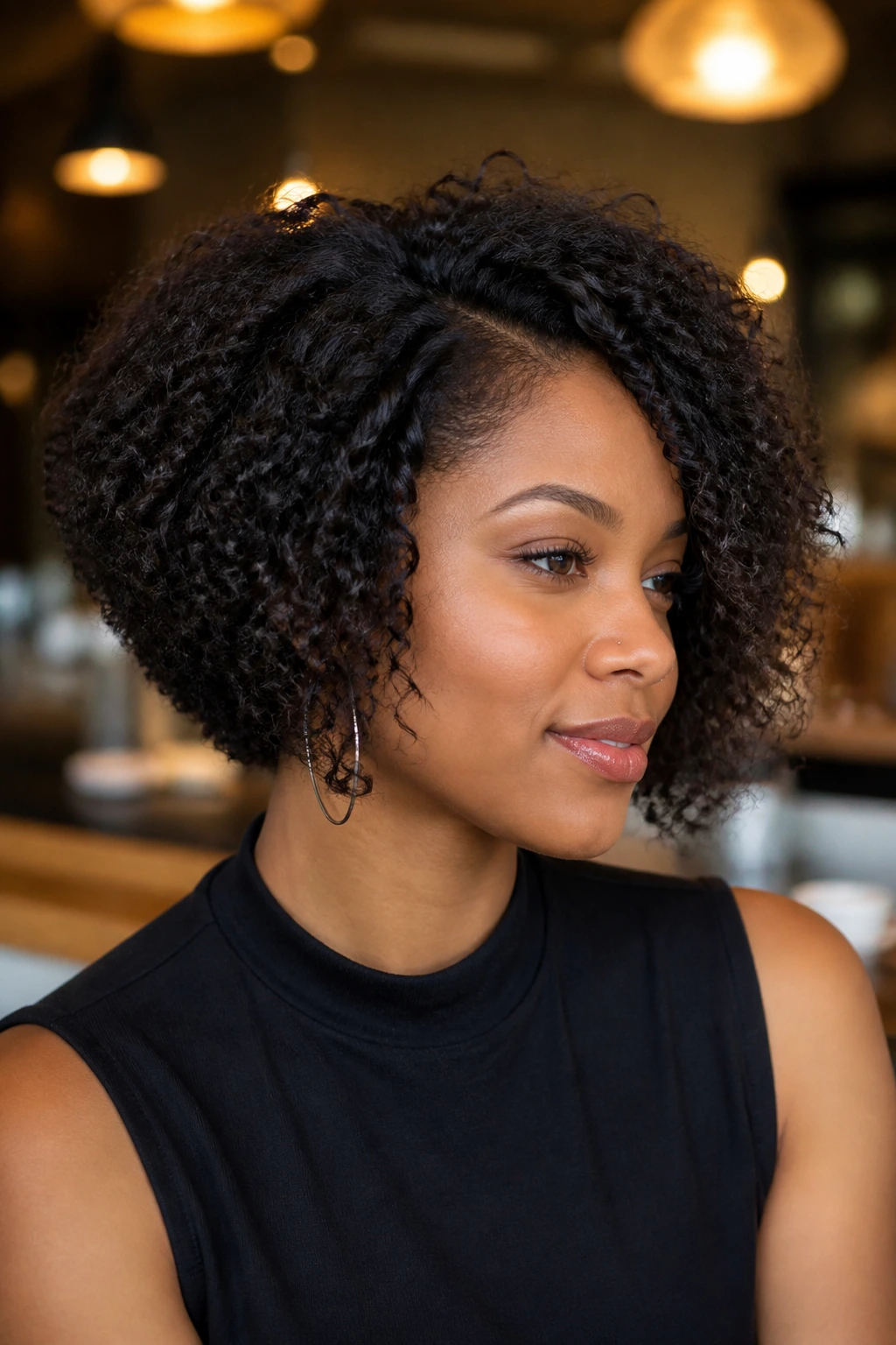 Close-up of a Black woman with an angled inverted bob in a cafe setting