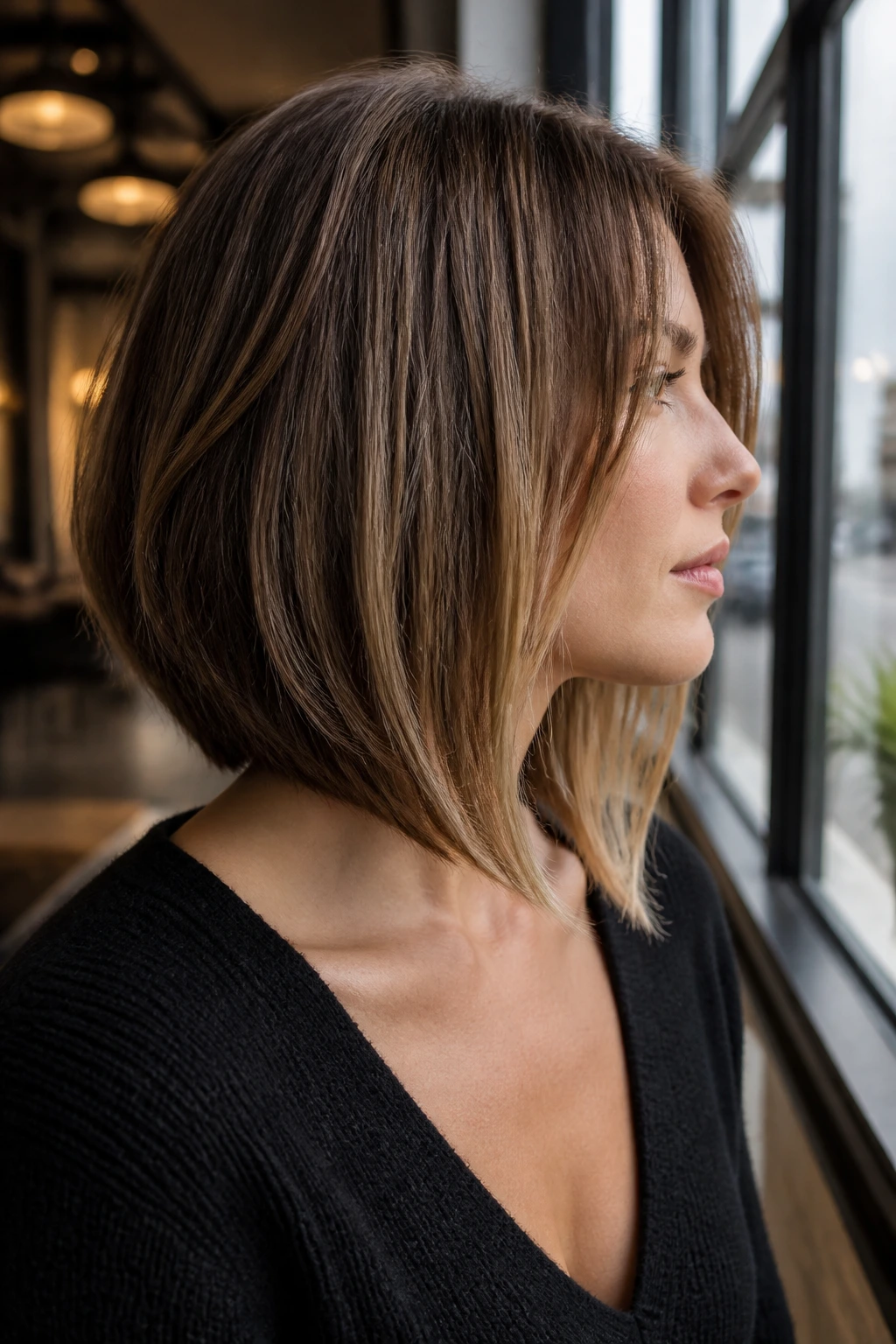Real person with angled layered lob showing longer front pieces and shorter back