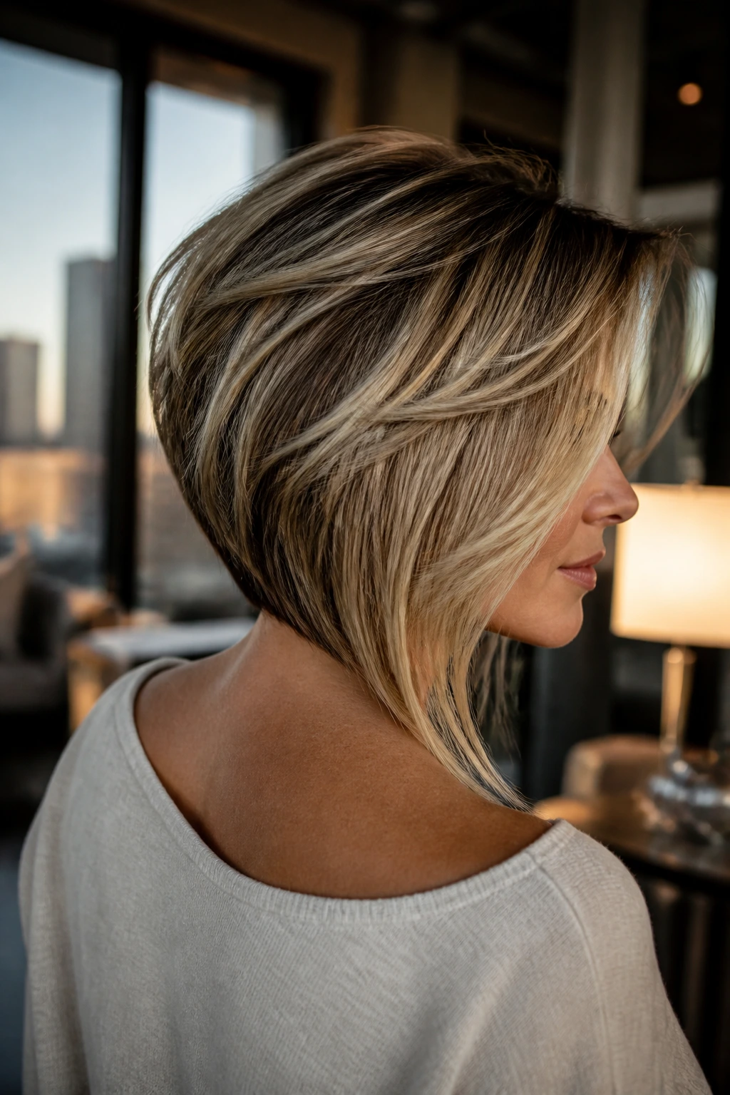 Three-quarter rear portrait of a real woman showing angled back layers lifting the crown in warm indoor light.