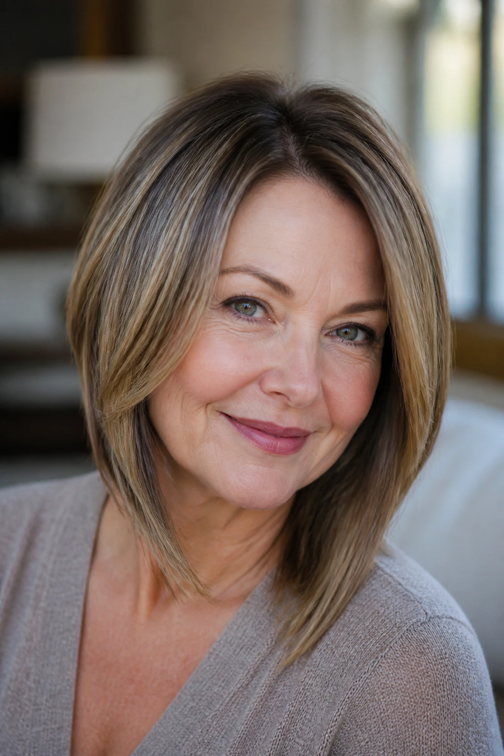 Real woman with angled layers to elongate the face