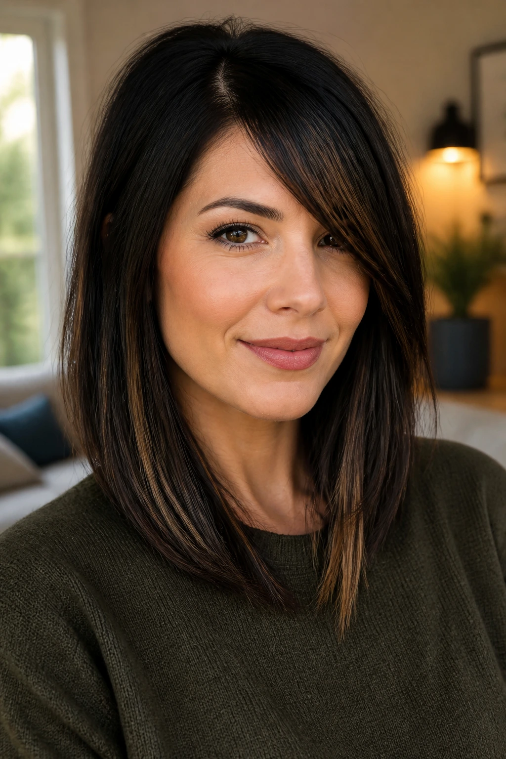 Close-up of a woman with angled lob and soft side-part bangs