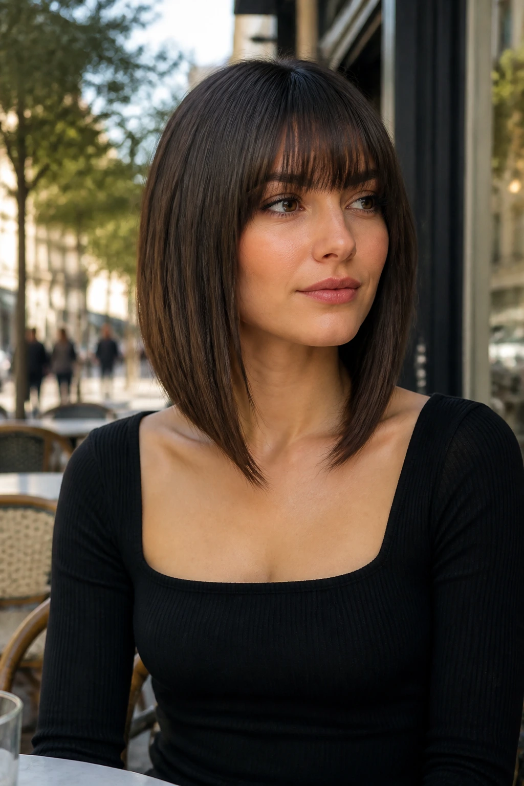 Angled lob with bottleneck bangs portrait showing angled cut and unique bangs