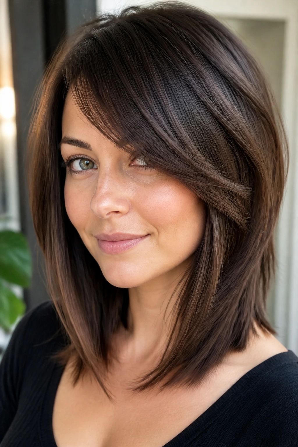 Real person with angled lob butterfly and side-swept bangs