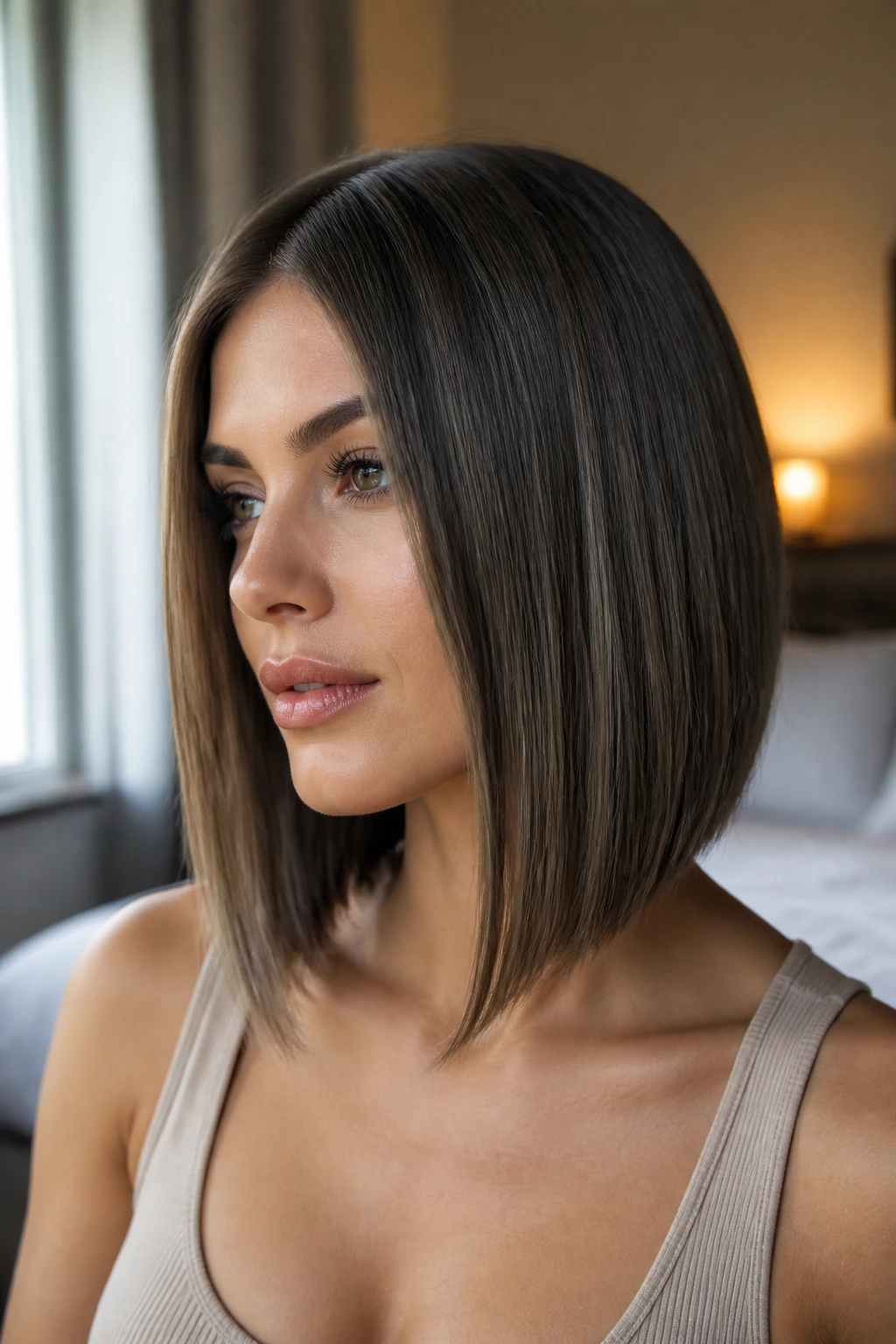 Close-up portrait of a real woman with angled lob and crisp front edge.