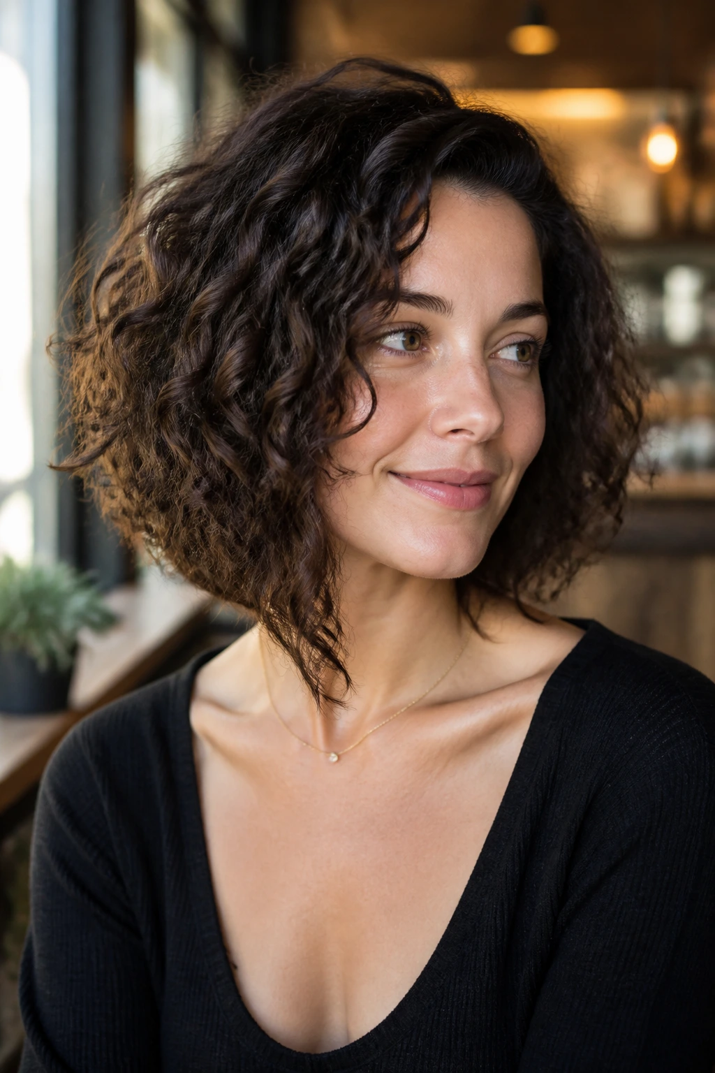 Close-up portrait of a woman with an angled lob that slants forward in warm cafe lighting