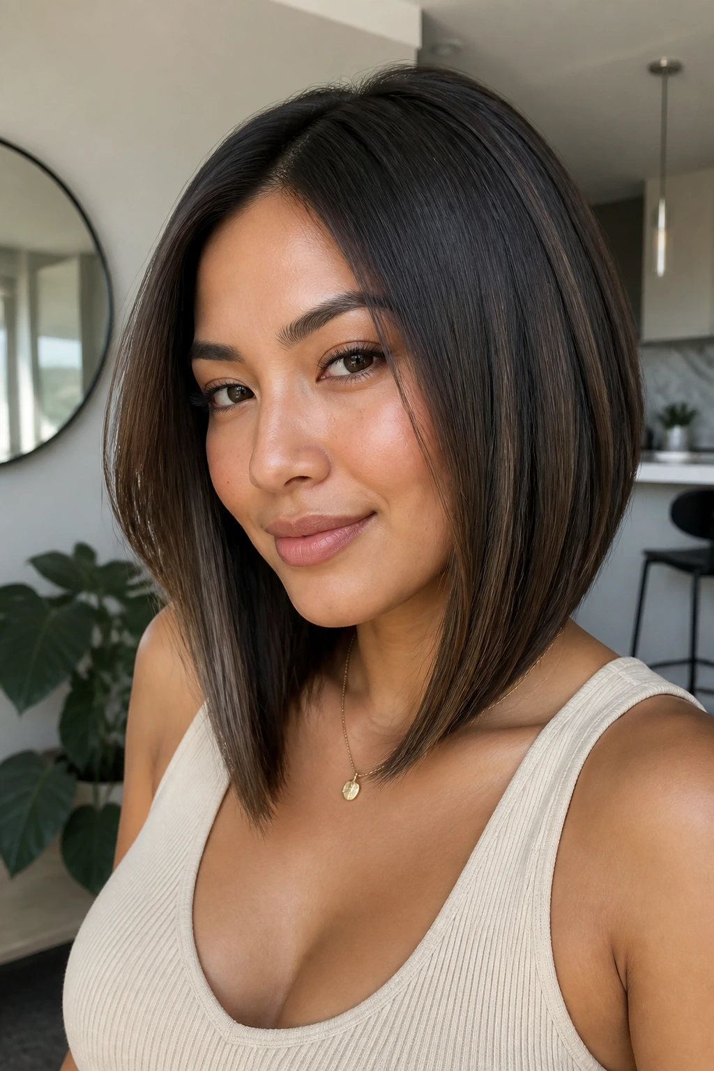 Portrait of a real person with a slightly angled lob showing a diagonal line.