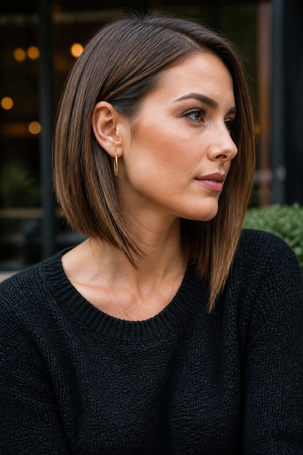 Close-up of a real person with an angled lob and front tucked behind the ear