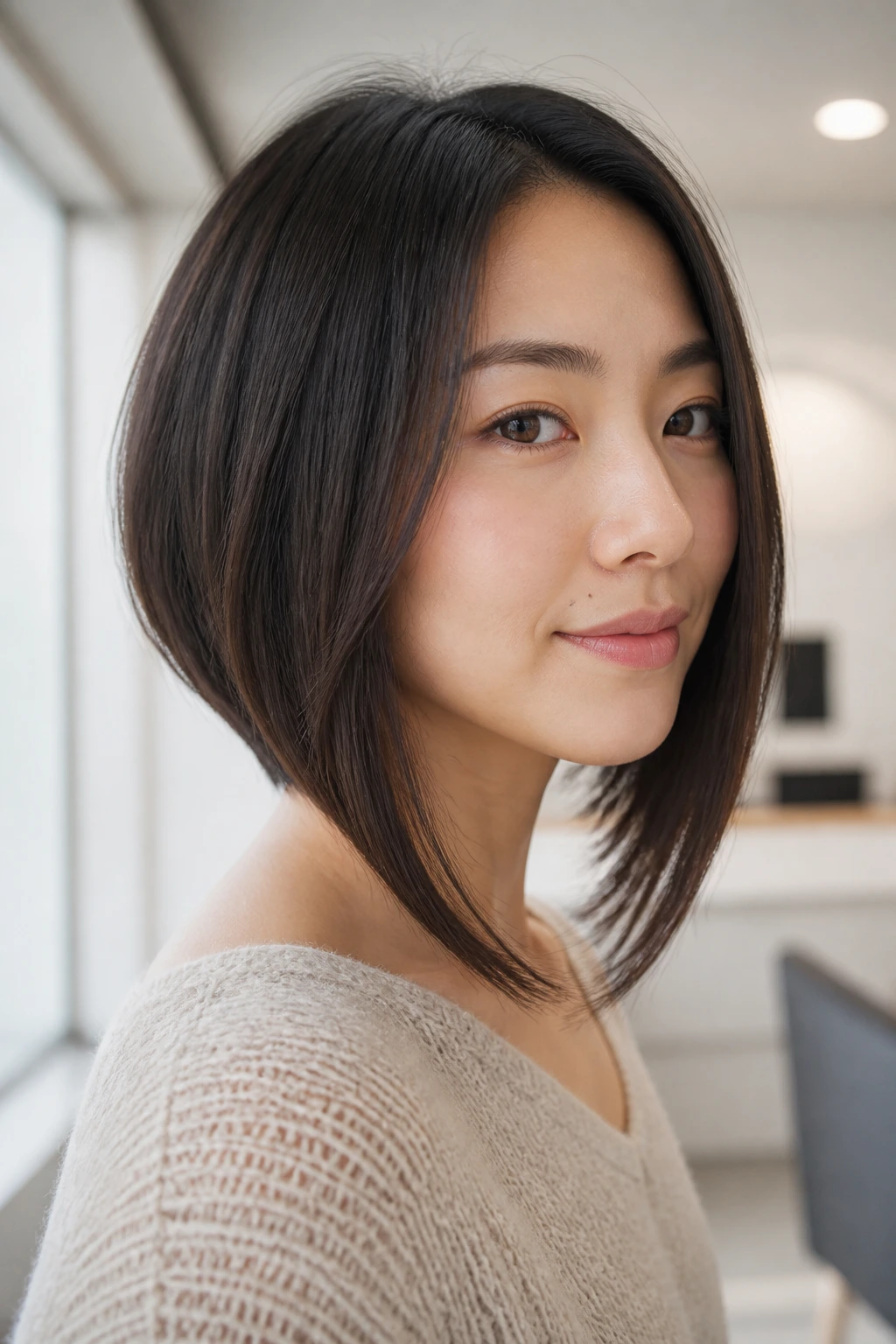 Portrait of Asian woman with angled lob front longer