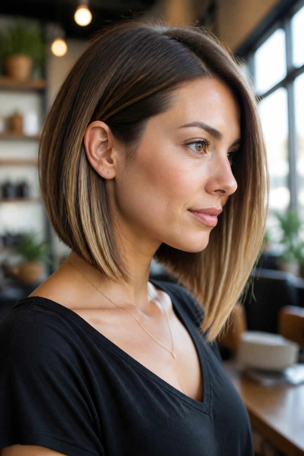 Close-up portrait of a real woman with an angled A-line lob shorter at back longer at front