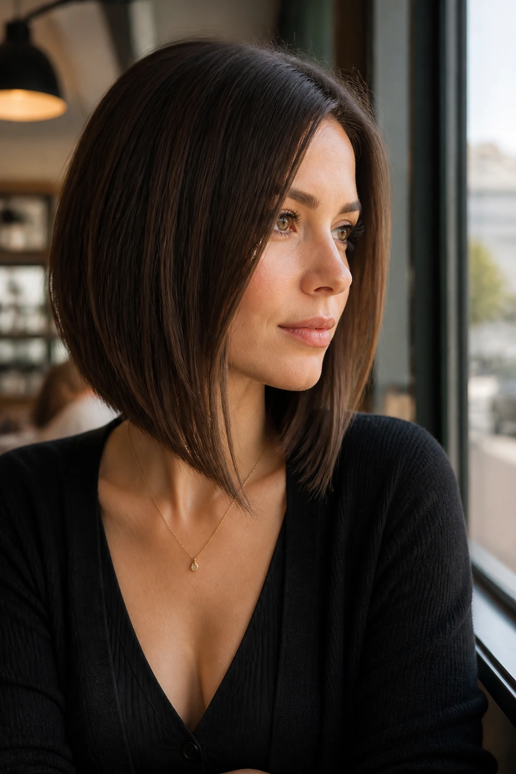 Close-up of a real woman with angled lob and slight forward tilt