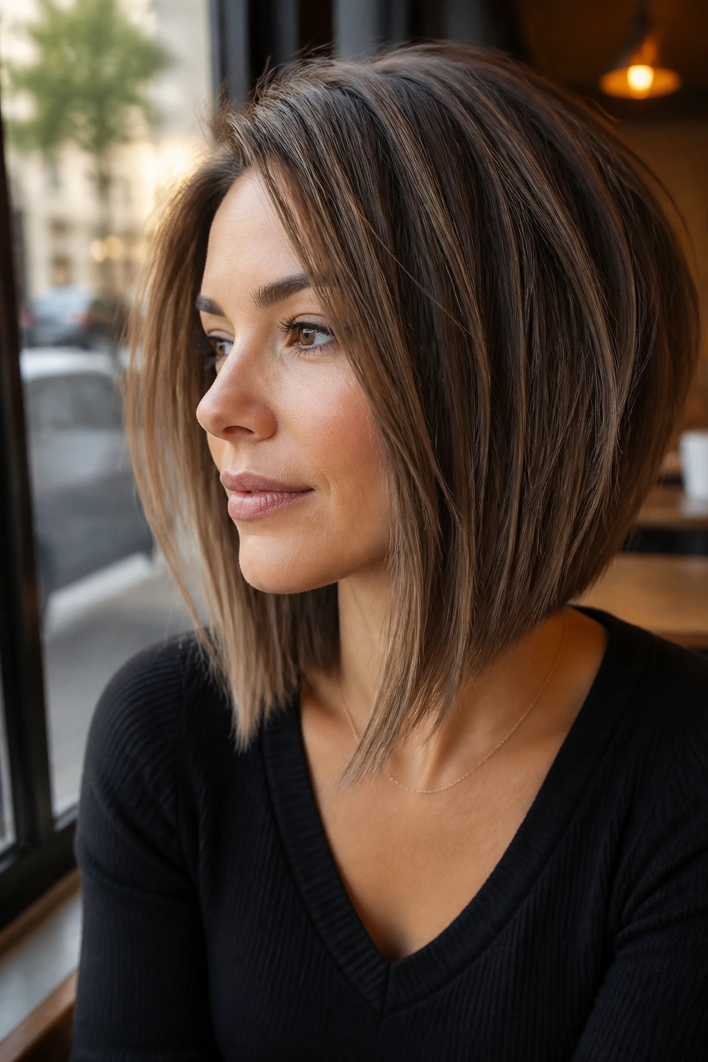 Close-up of a real woman with The Angled Lob highlighting longer front and shorter back