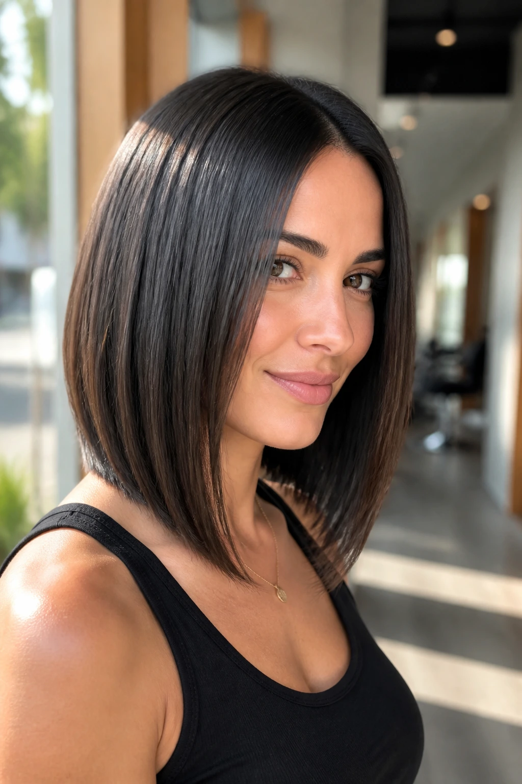 Close-up portrait of a real woman with angled lob hairstyle, front pieces below collarbone, natural window light
