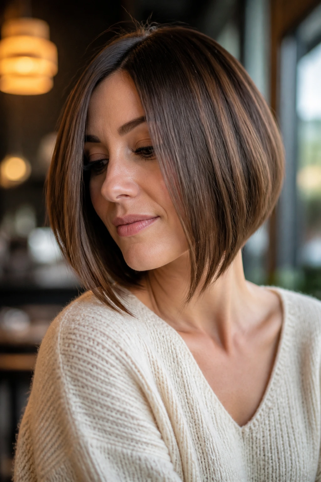 Close-up of a real woman featuring an angled lob that skims the jawline.
