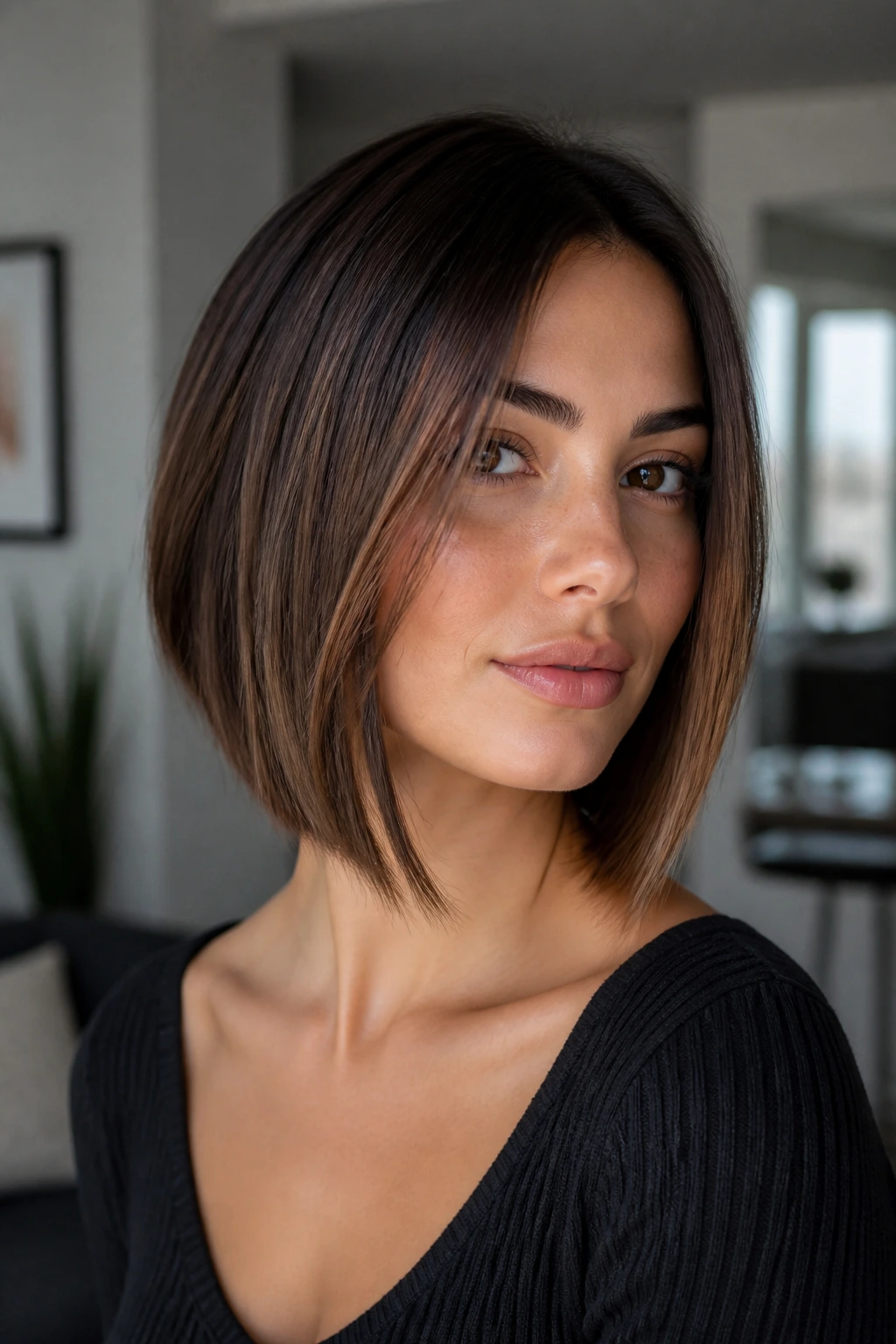 Close-up of a real woman with an angled lob skimming the jawline