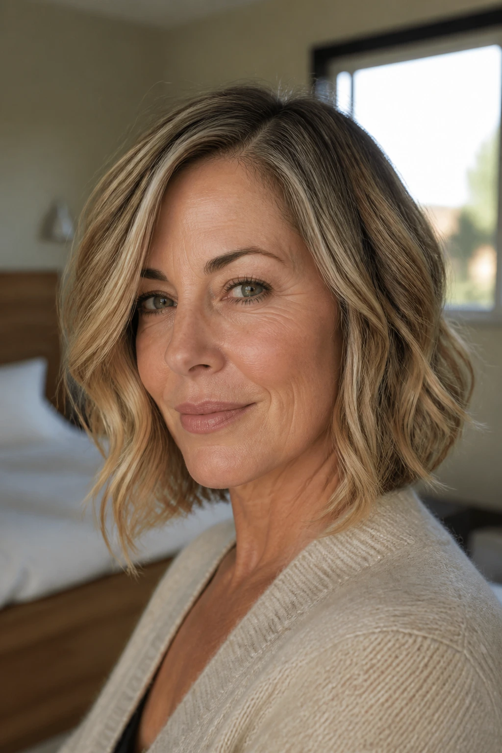 Close-up portrait of a real woman with Angled Lob That Hugs the Jaw showing jaw-hugging front and angled back