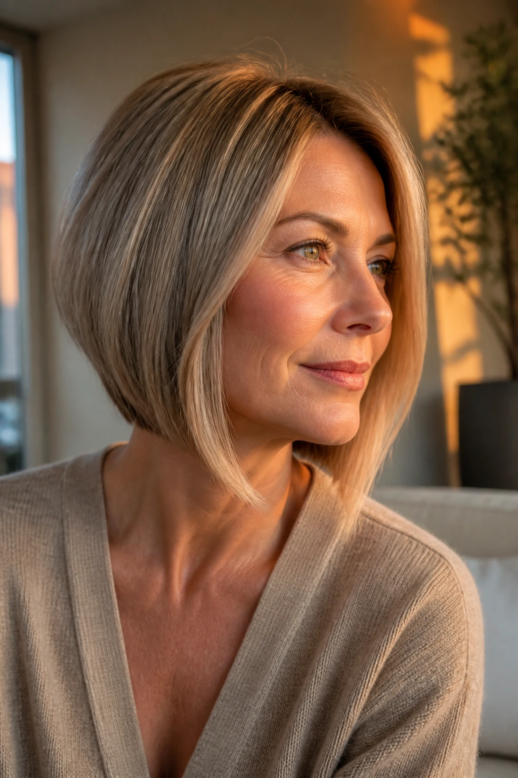 Close-up of woman with angled lob skimming the jaw in golden hour light