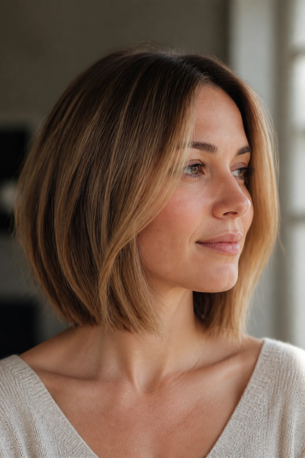 Close-up of a woman with a slightly angled lob that adds lift under natural light.