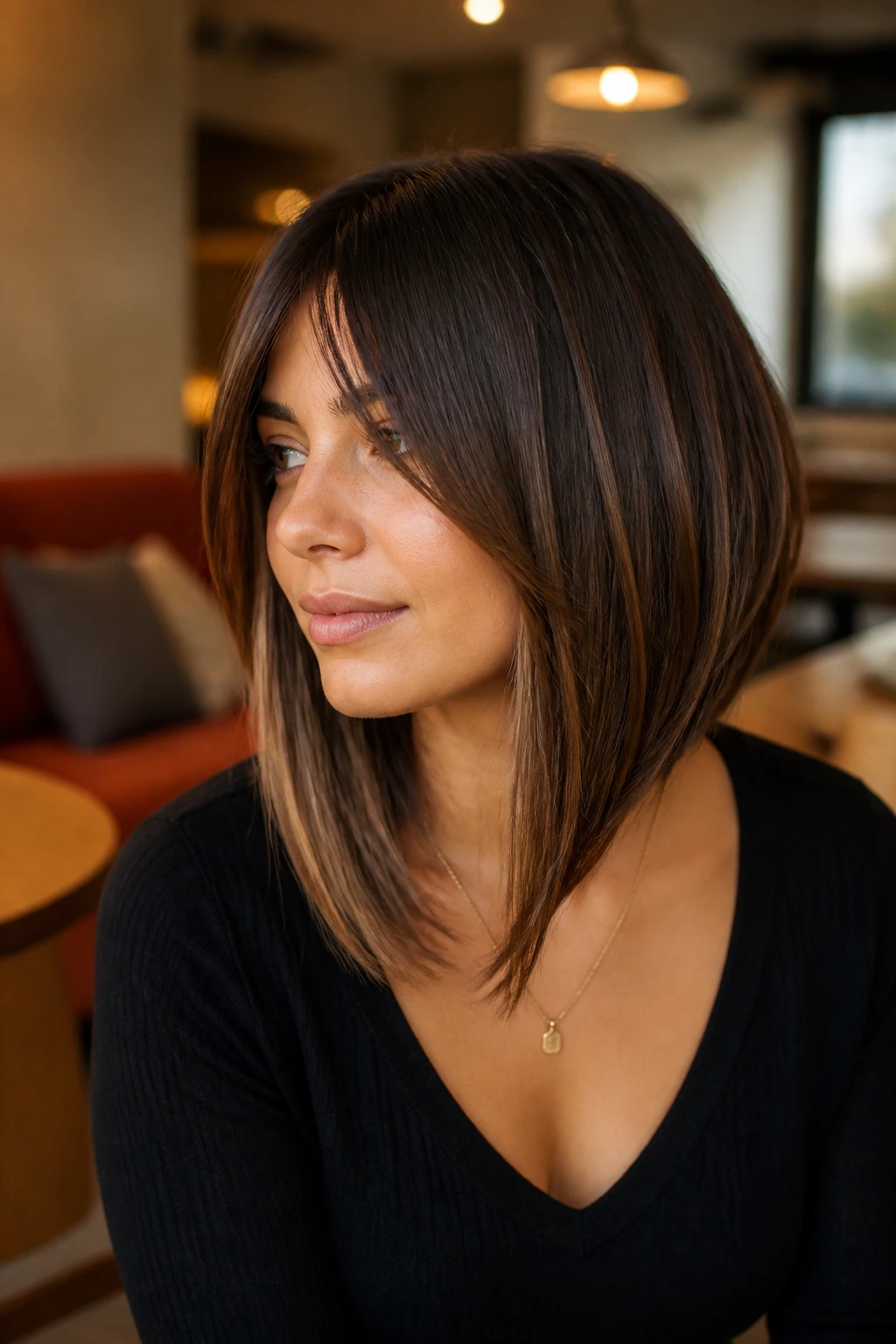 Real woman with angled lob and long front bangs