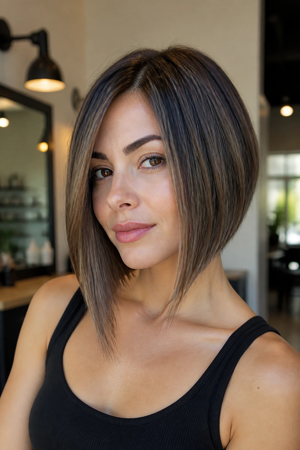 Close-up portrait of a real woman with an angled lob and long front pieces framing the jaw, in natural window light.