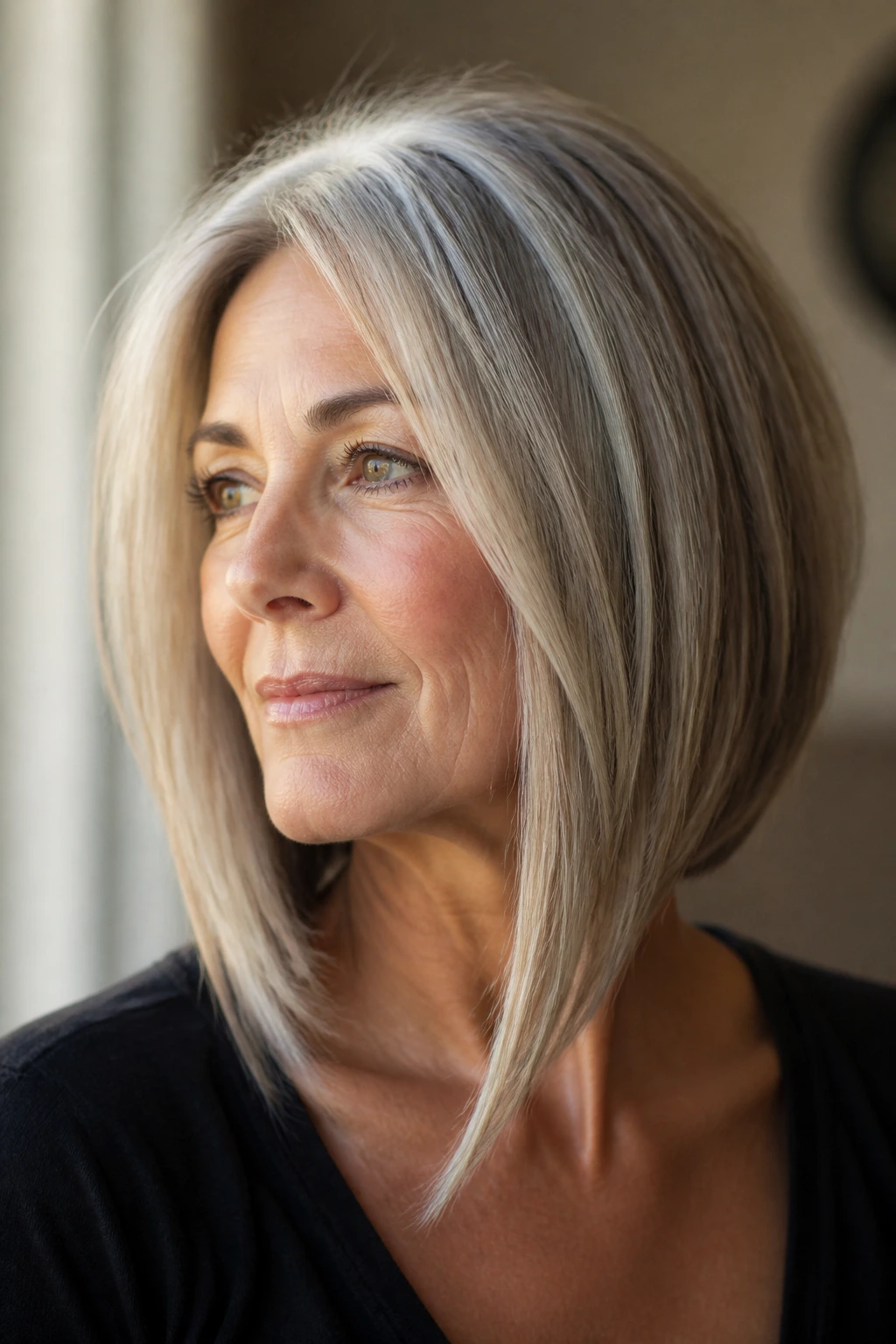 Close-up portrait of a real woman with angled lob and longer front pieces