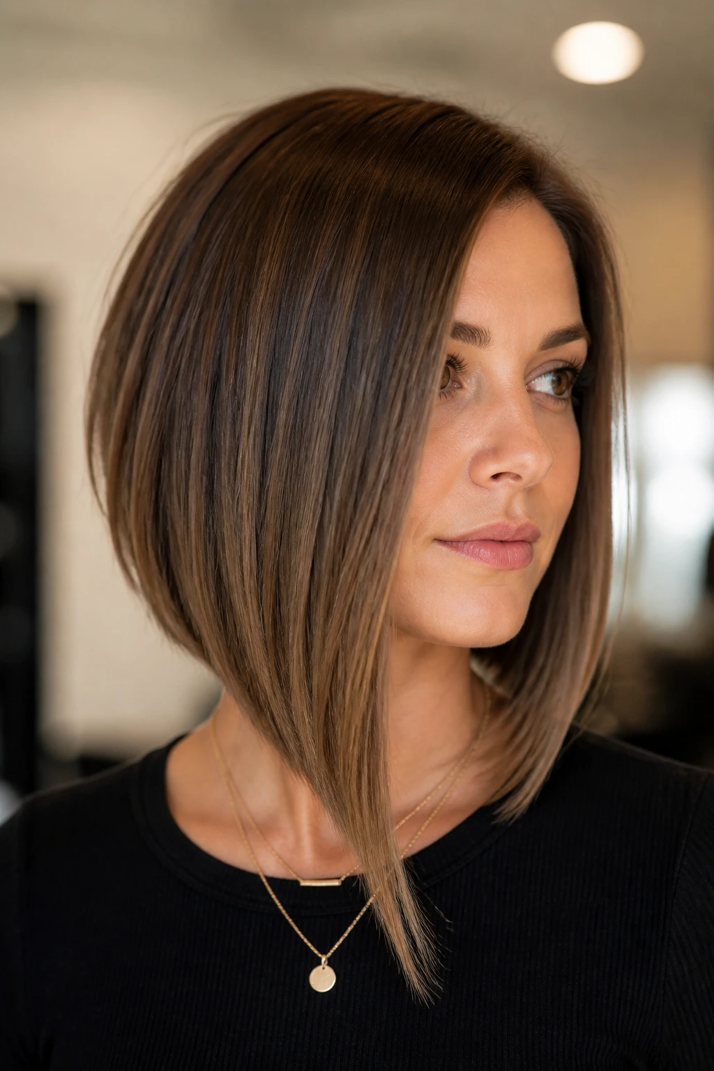 Portrait of a person with an angled lob and longer front pieces framing the face.