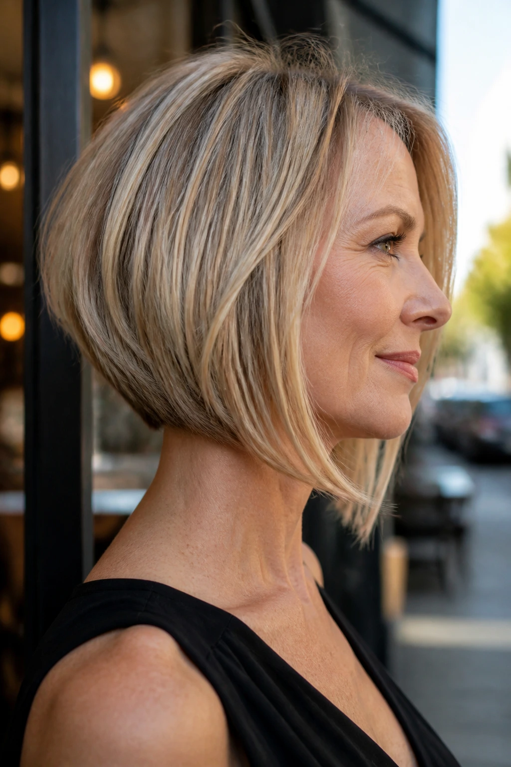 Side-profile portrait of a woman with an angled lob elongating the neck.