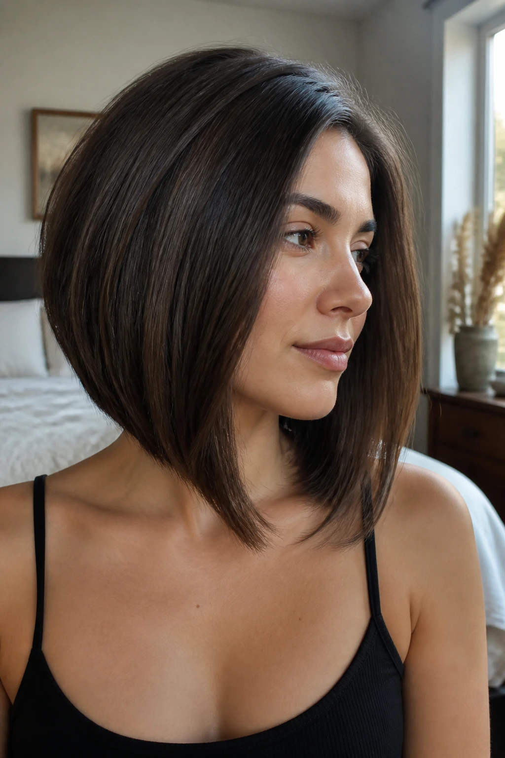 Close-up portrait of a real woman with an angled lob showing a gentle back-to-front slope
