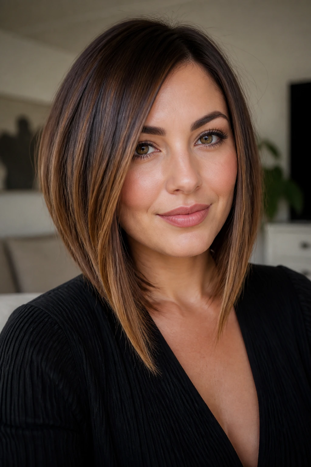Portrait of a real woman with angled lob for round face