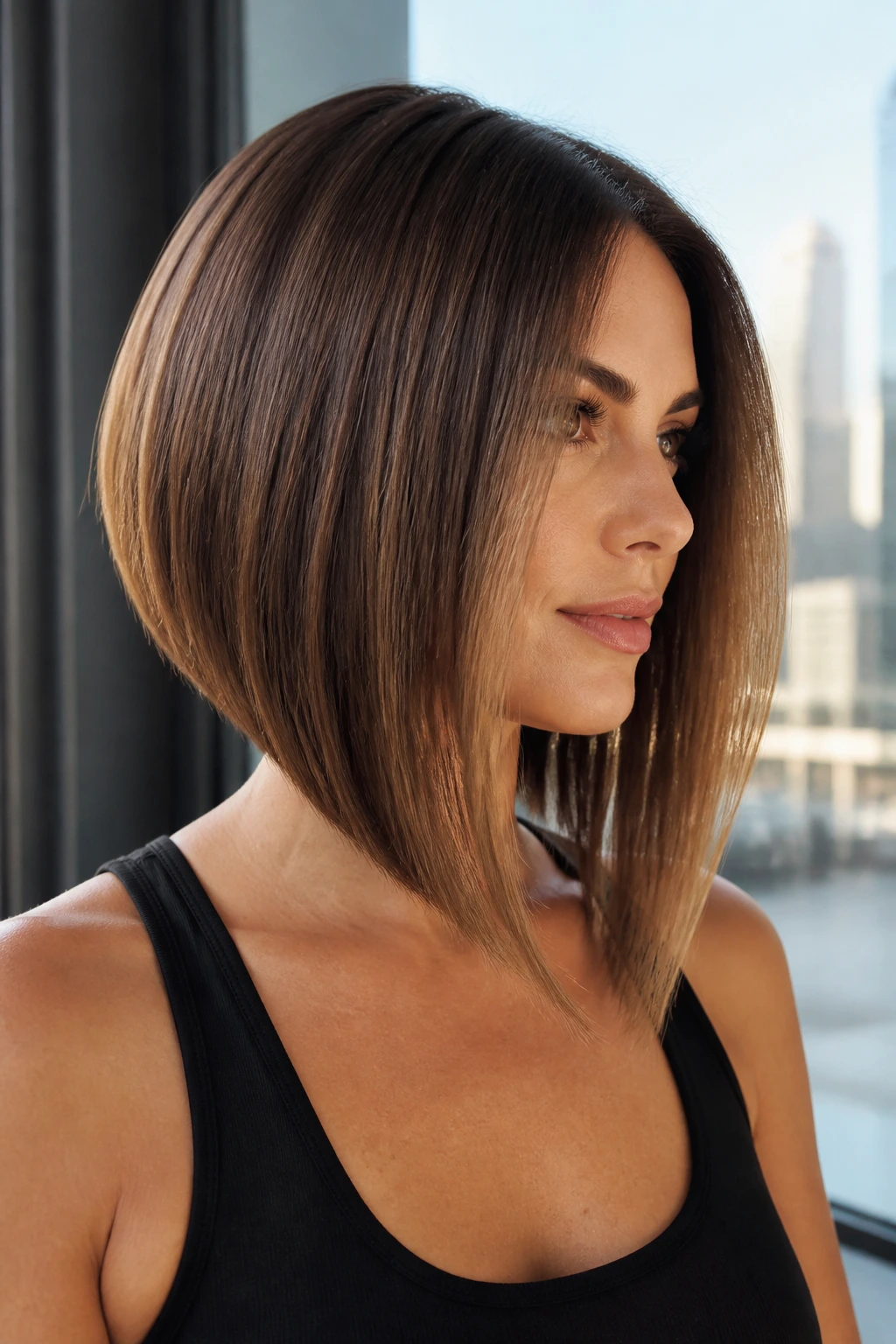 Portrait of real person with angled lob and sharp front line.