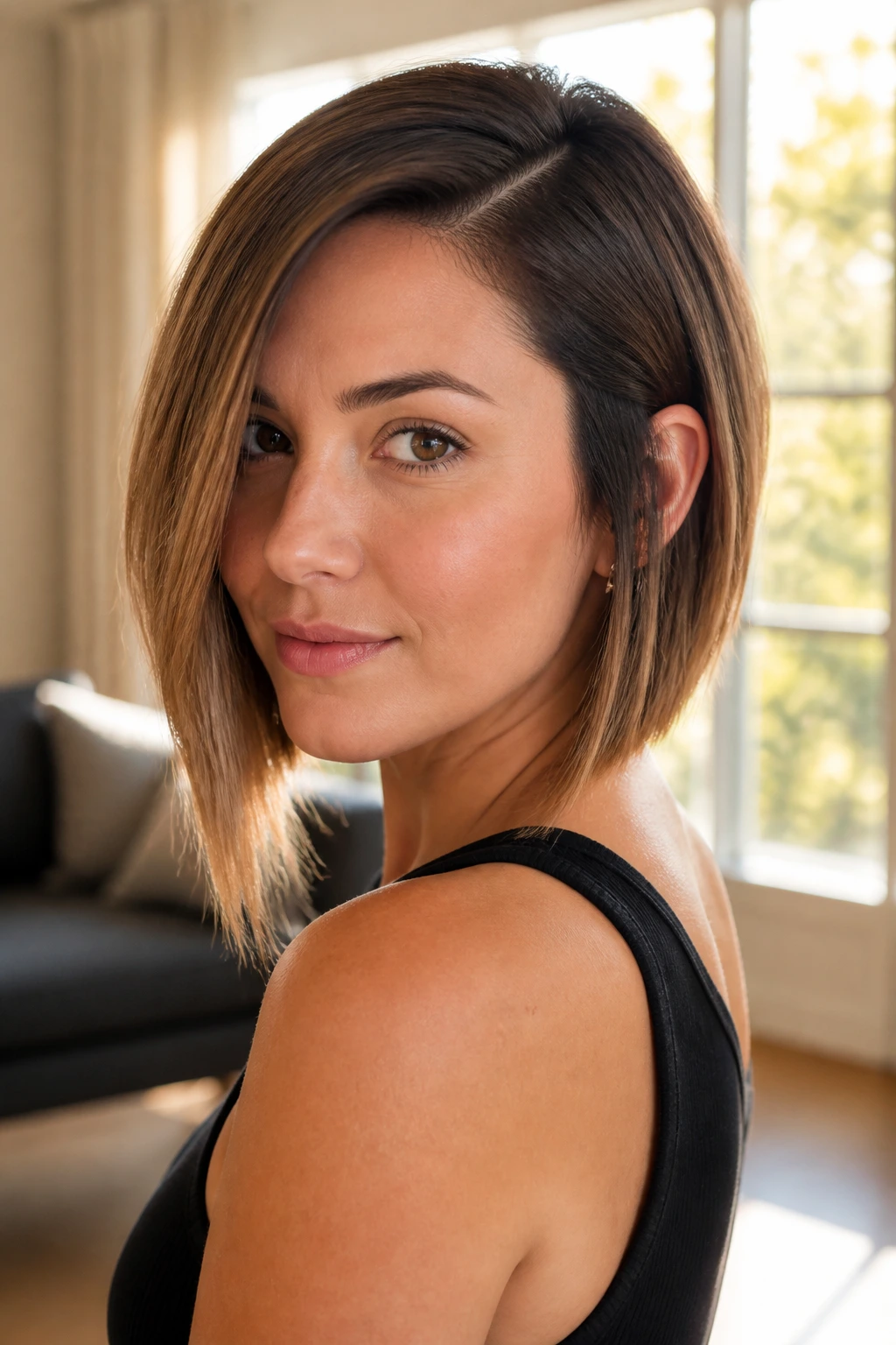 Close-up of a real woman with angled lob and sharp side part, medium-length hair