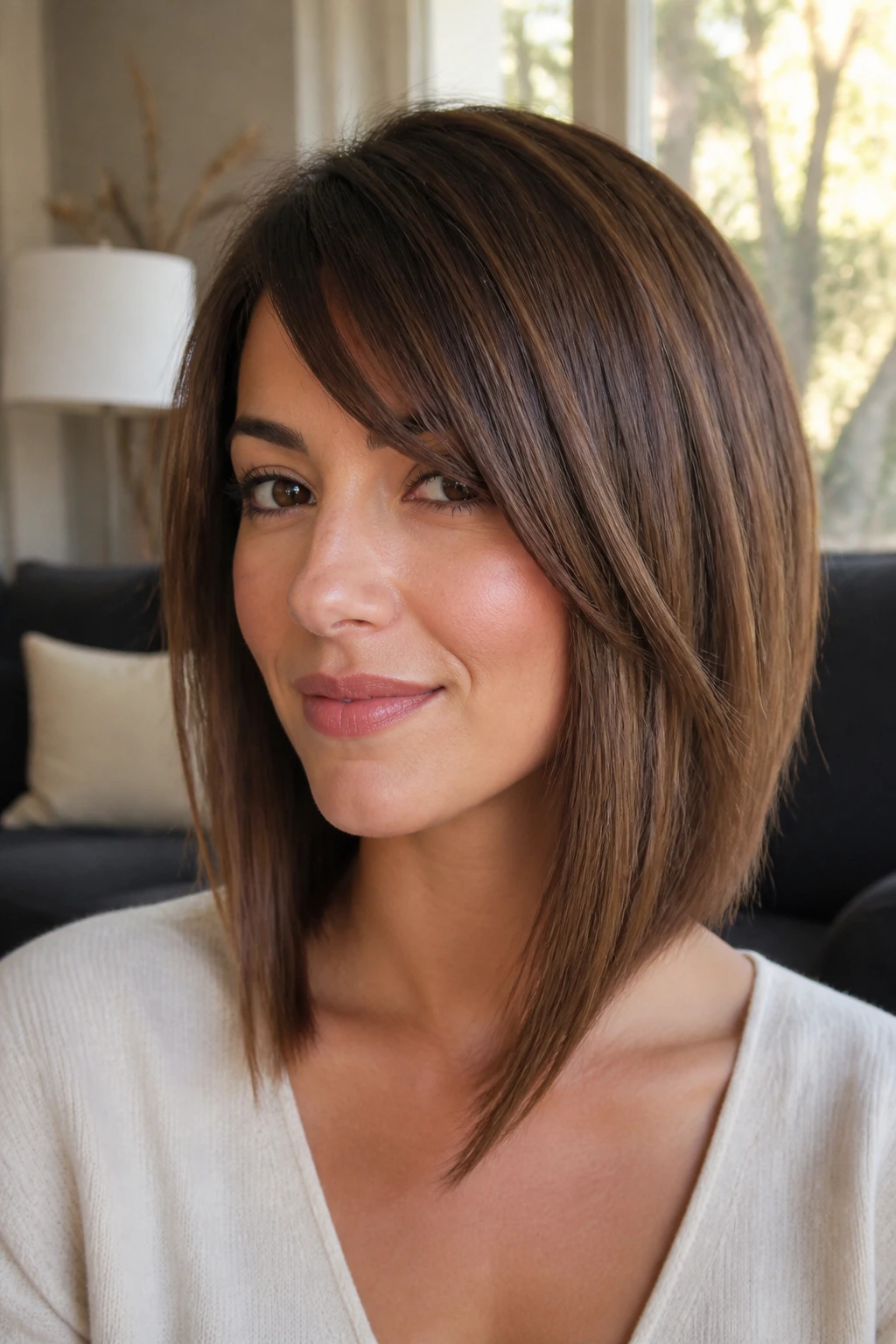 Close-up portrait of a real person with angled lob and side bangs in warm window light