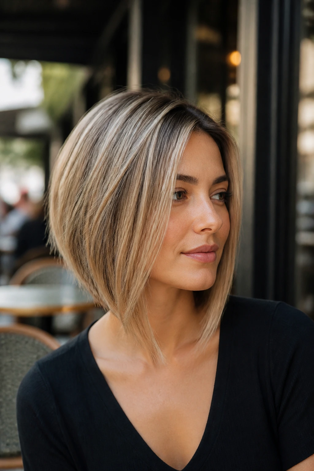 Portrait of a real woman with an angled lob hairstyle in natural light.