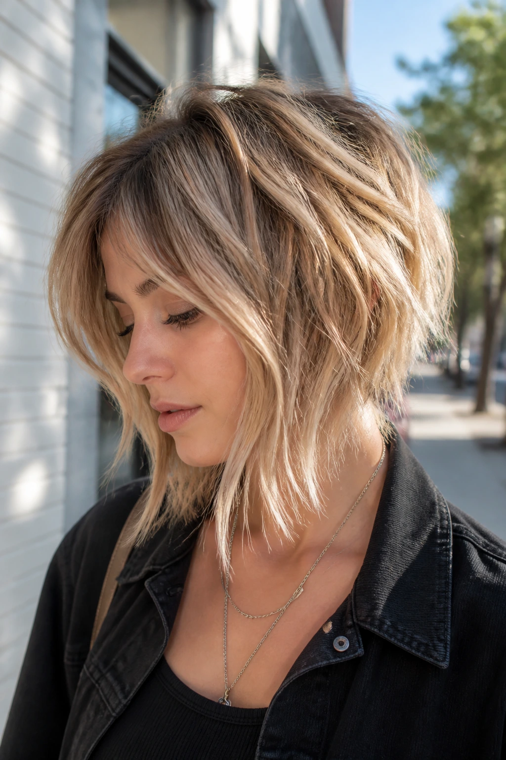 Portrait of real person with angled shag bob showing longer front and shorter back