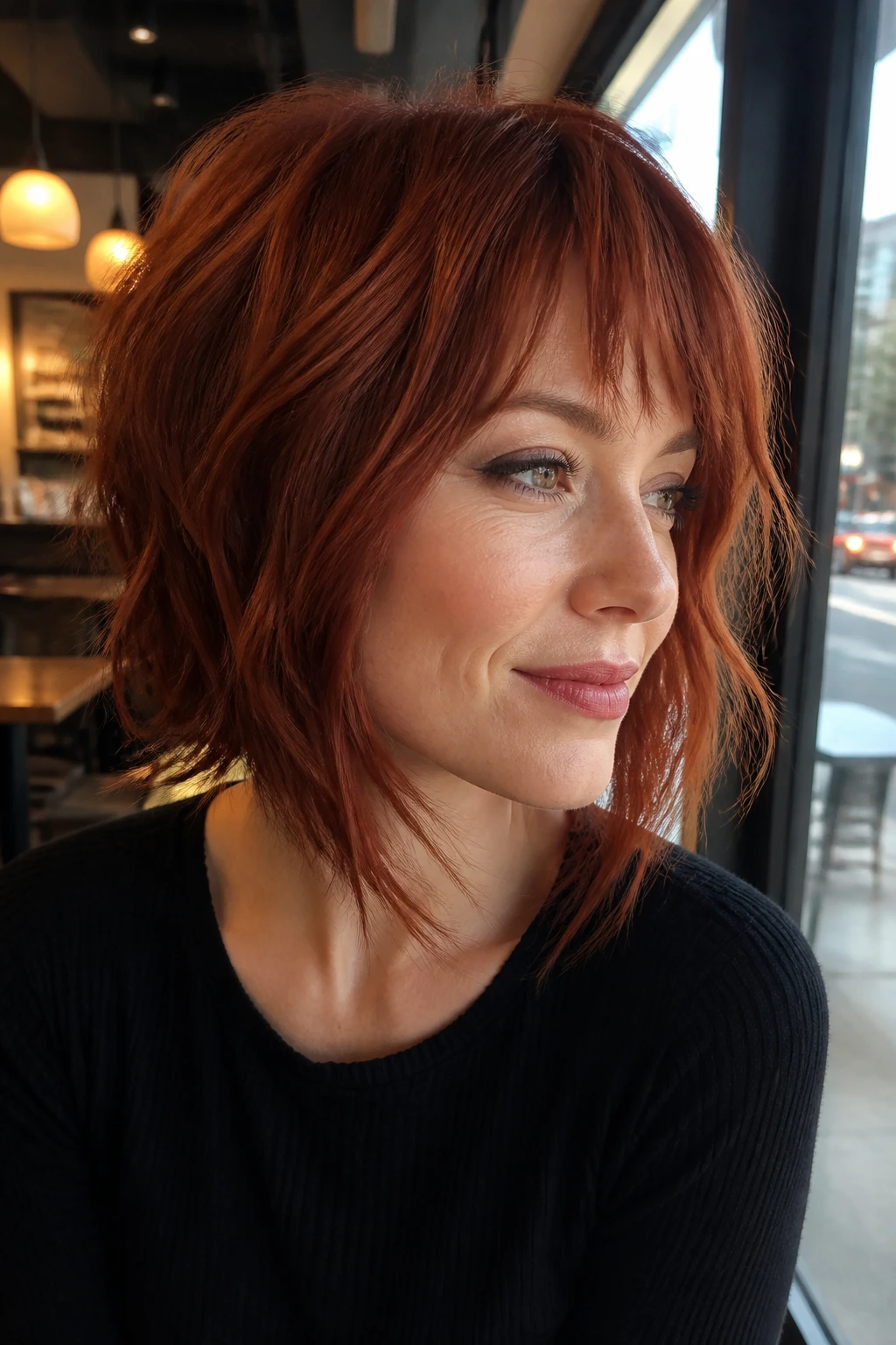 Portrait of a real woman with angled shag bob hairstyle