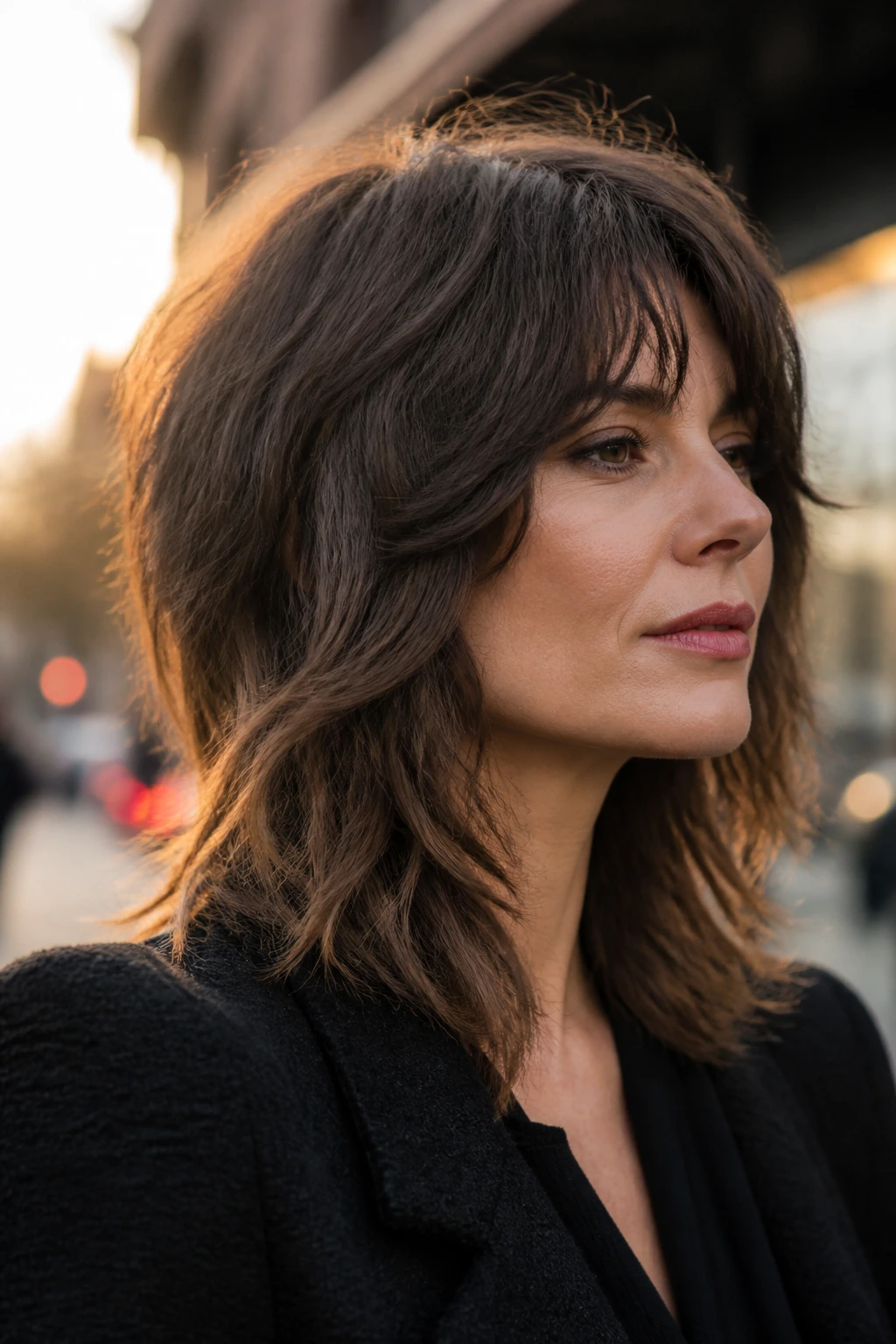 Profile of a real woman with angled shag framing the jaw on a square face