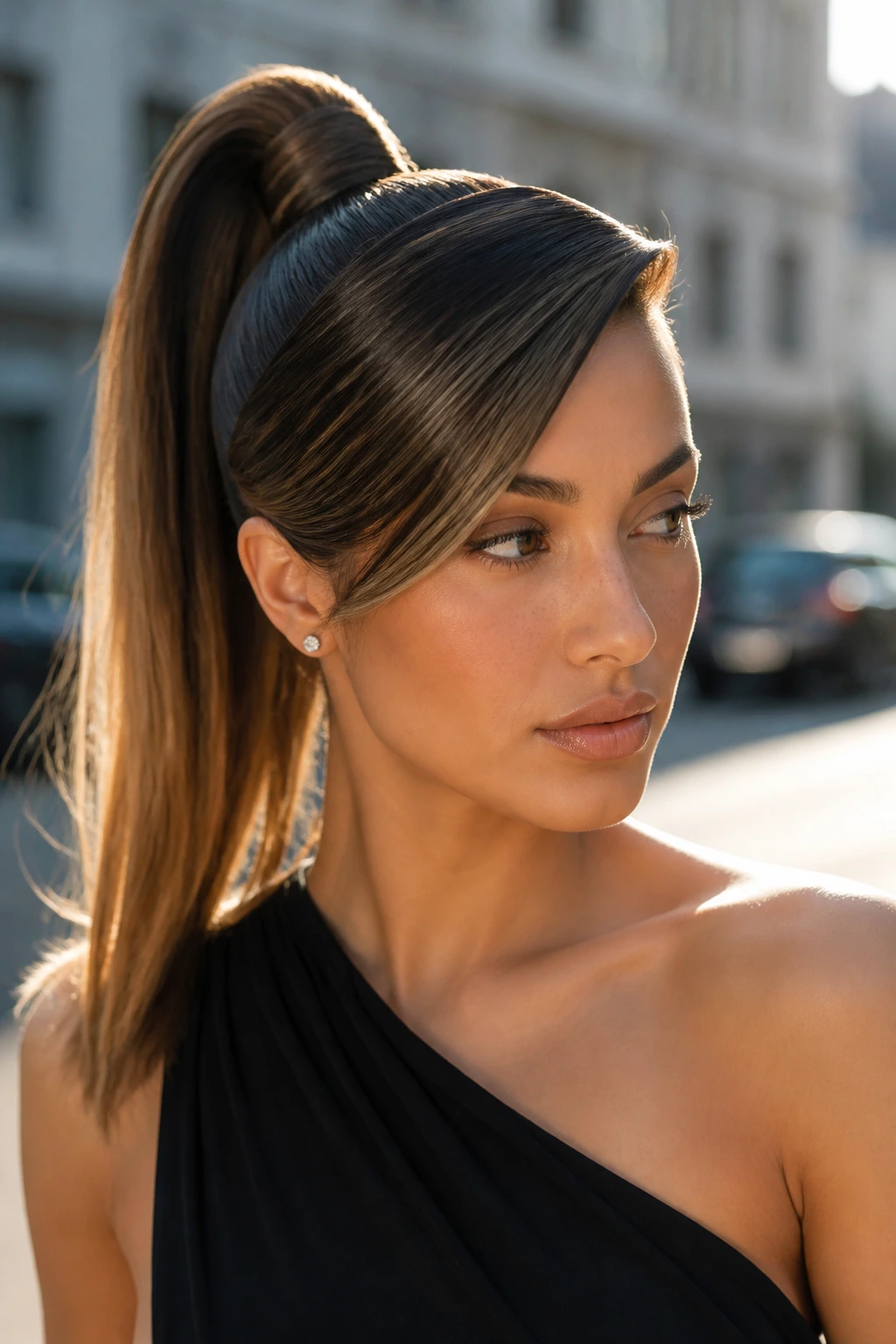Close-up of a woman with angled side-sweep high ponytail on a city street