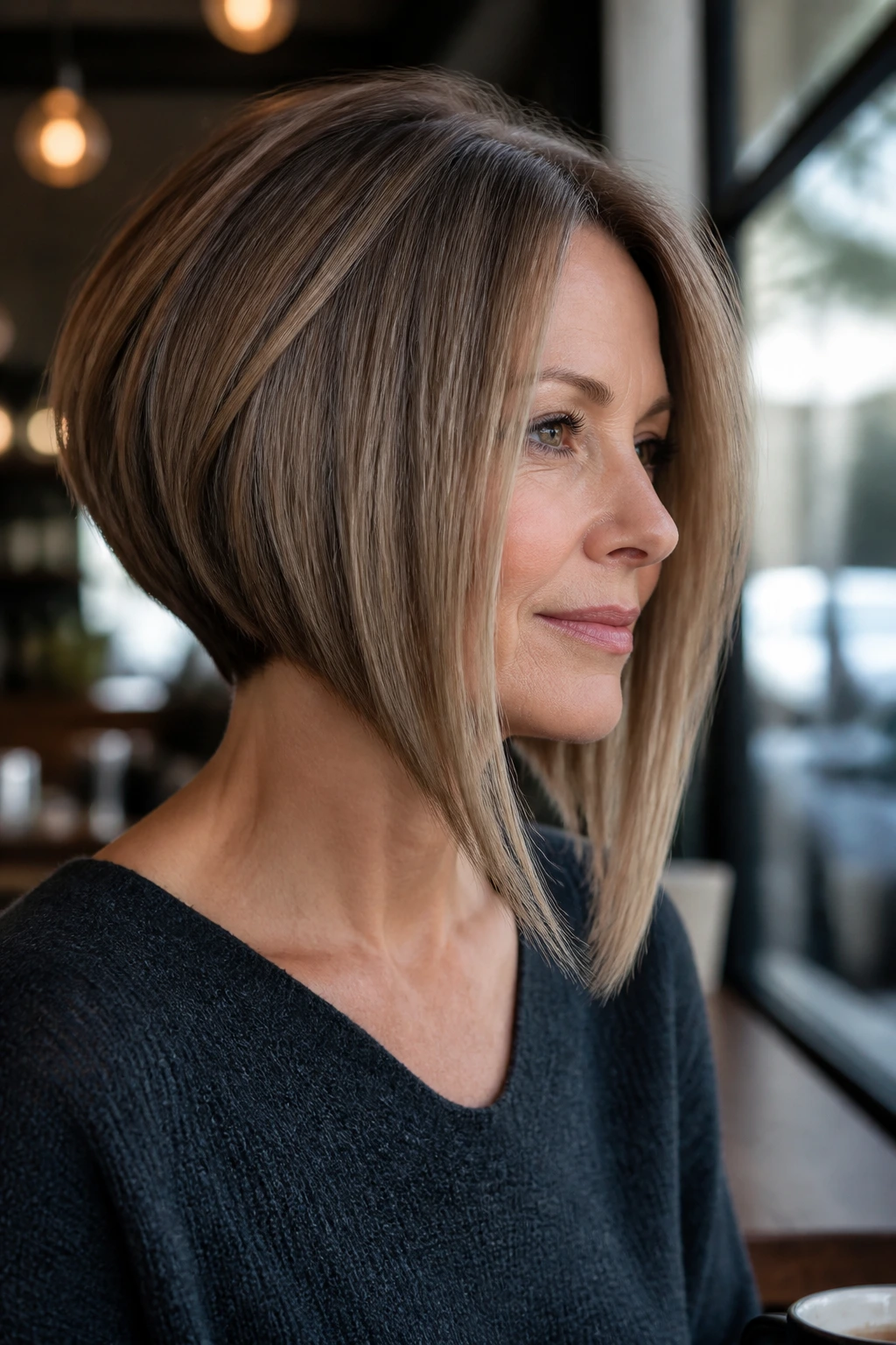 Portrait of a woman with angled stacked bob and longer front