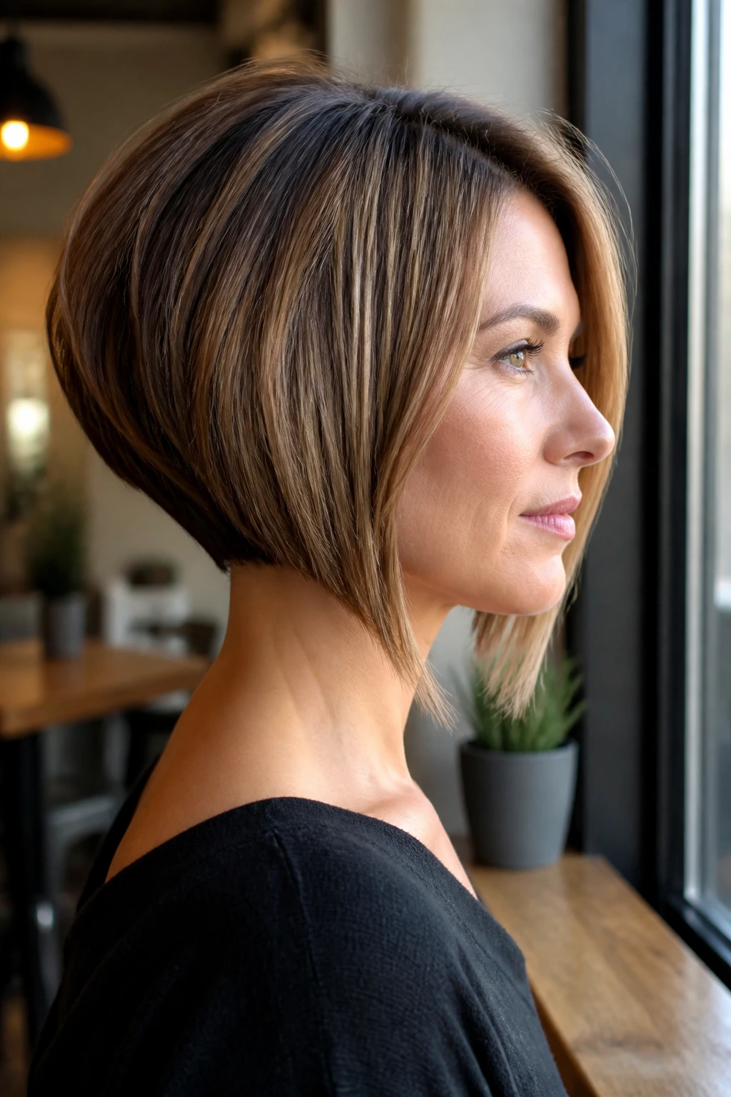Portrait of a woman with angled stacked bob and longer front pieces