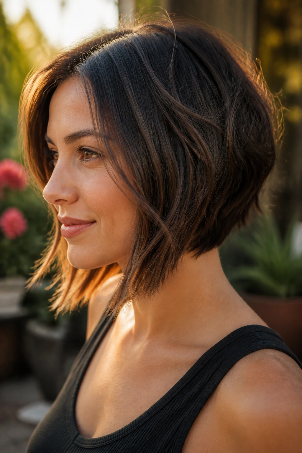 Close-up portrait of a real woman with angled textured bob outdoors
