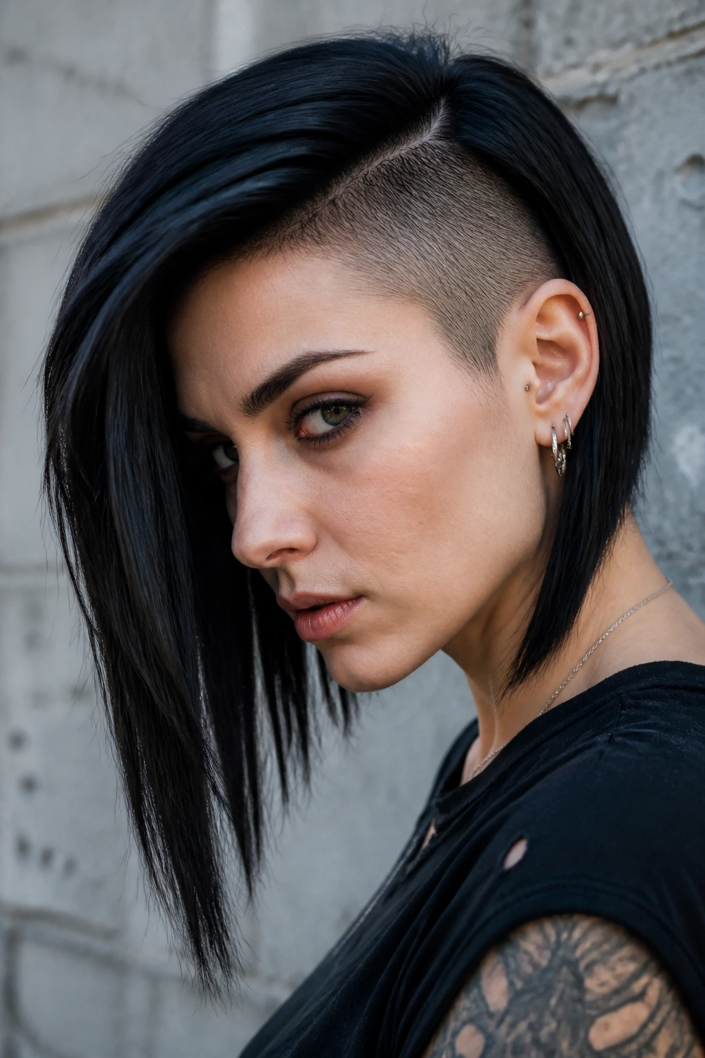Portrait of a real person with an angular A-line punk bob and a buzzed undercut