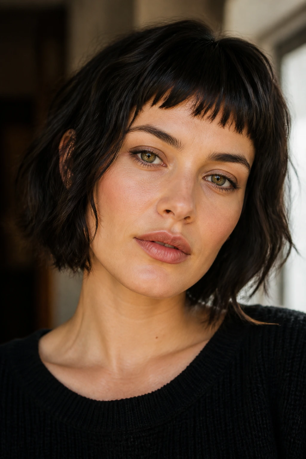 Close-up portrait of a real woman with angular micro bangs softening a square jaw in warm window light