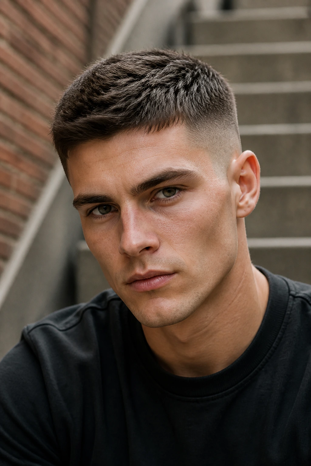Close-up of a real man with angular-face crew cut on urban stairs