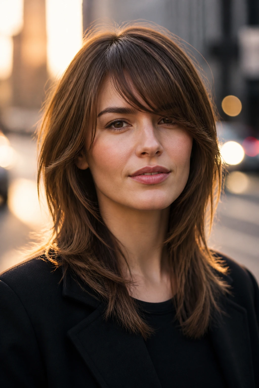 Medium close-up of a real person with angular feathered cut and sweeping bangs outdoors at golden hour