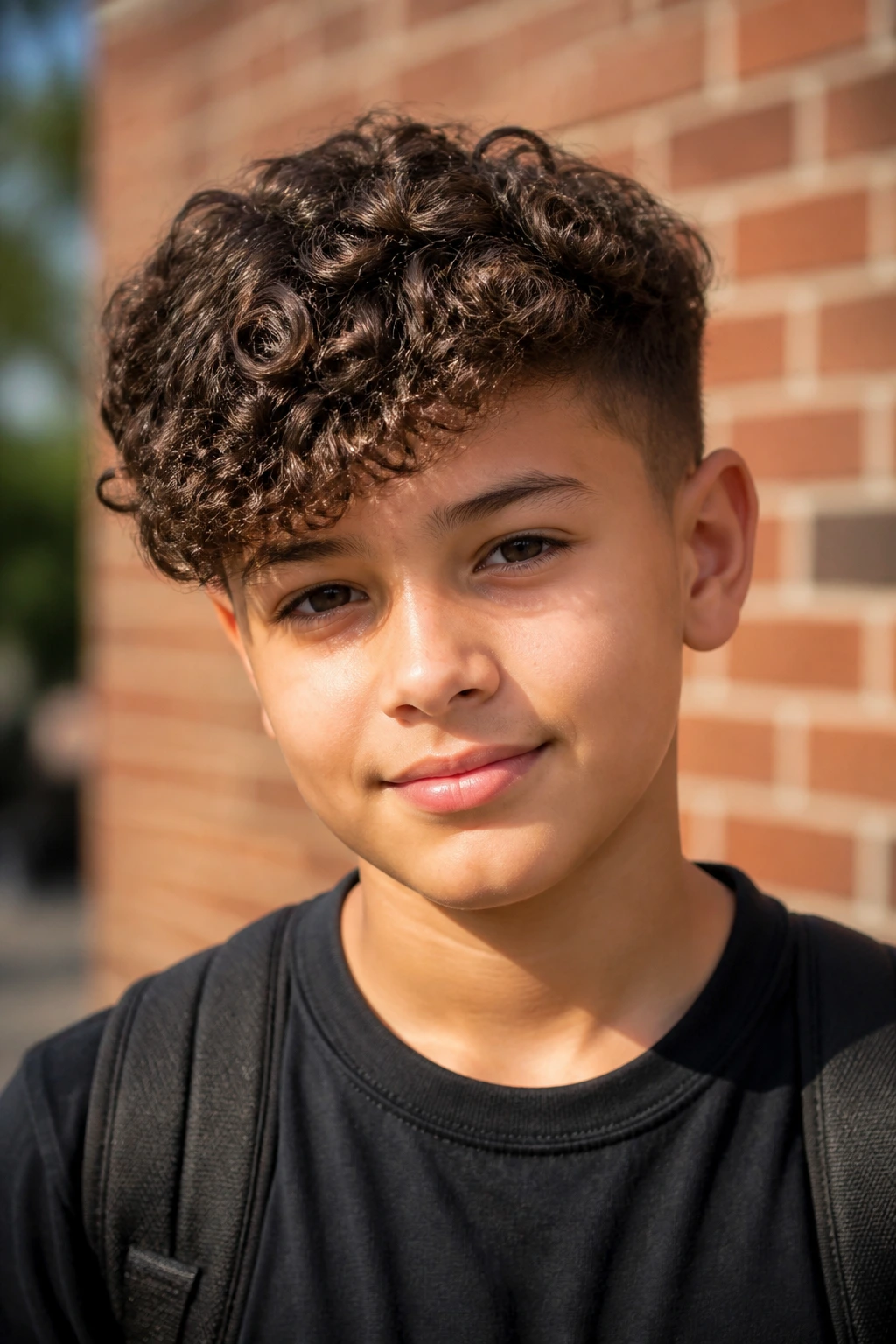 Boy with angular diagonal fringe curls across the forehead