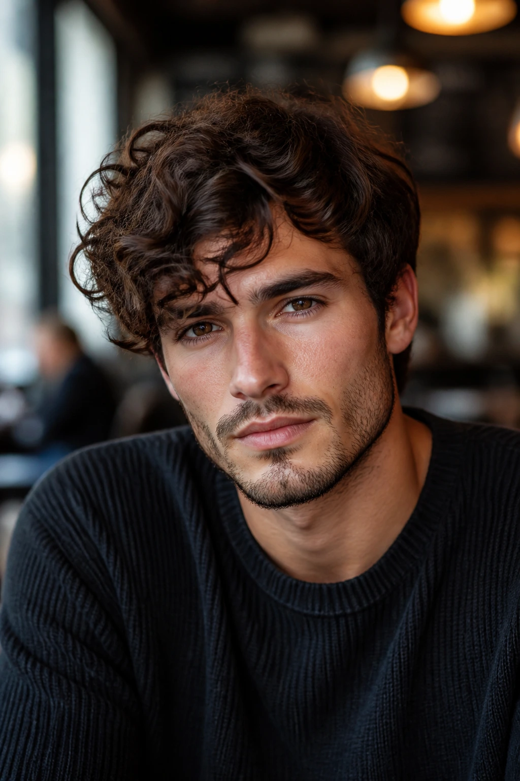 Man with an angular fringe curling across the forehead.