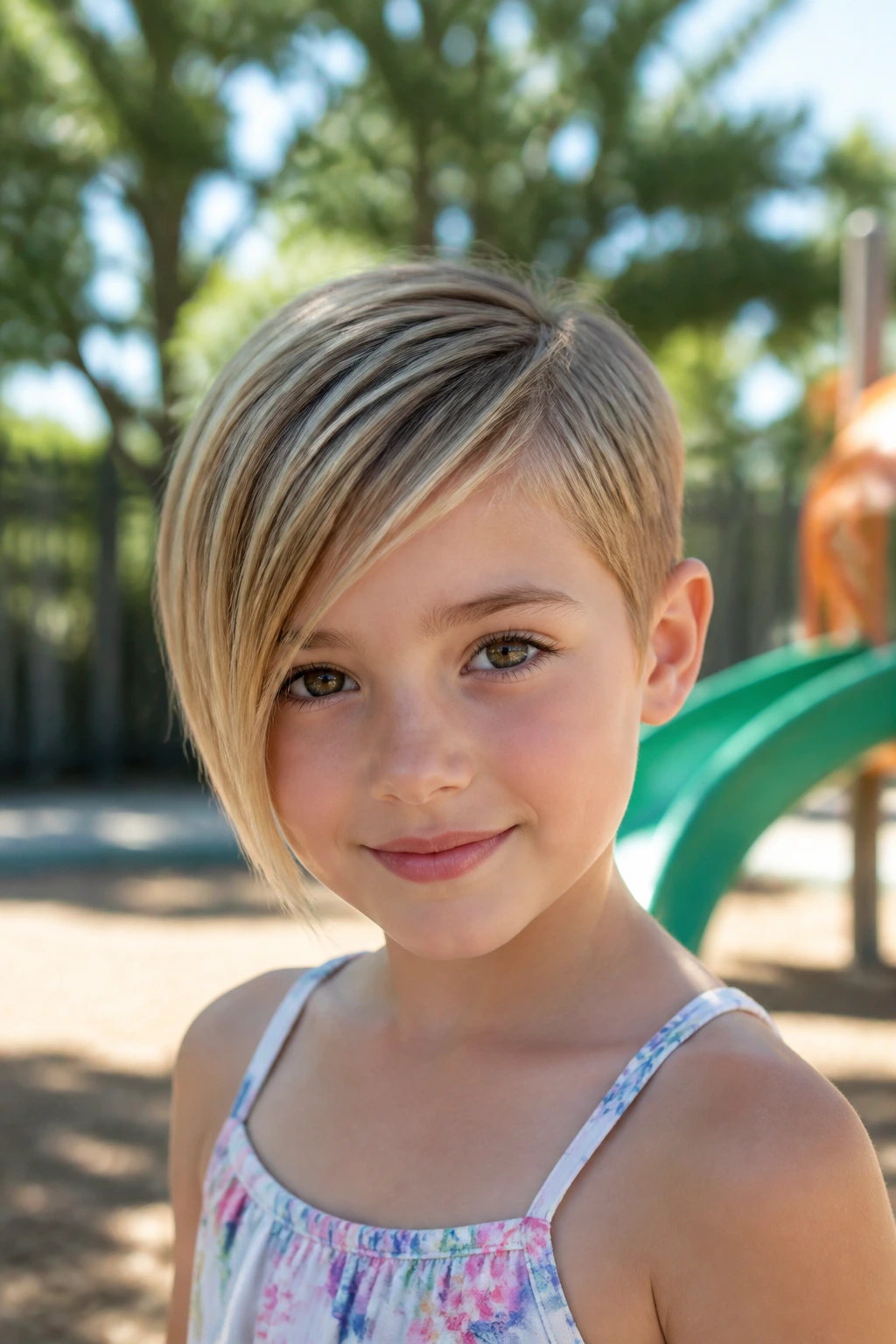 Close-up of a girl with an angular fringe pixie hairstyle at a sunny playground