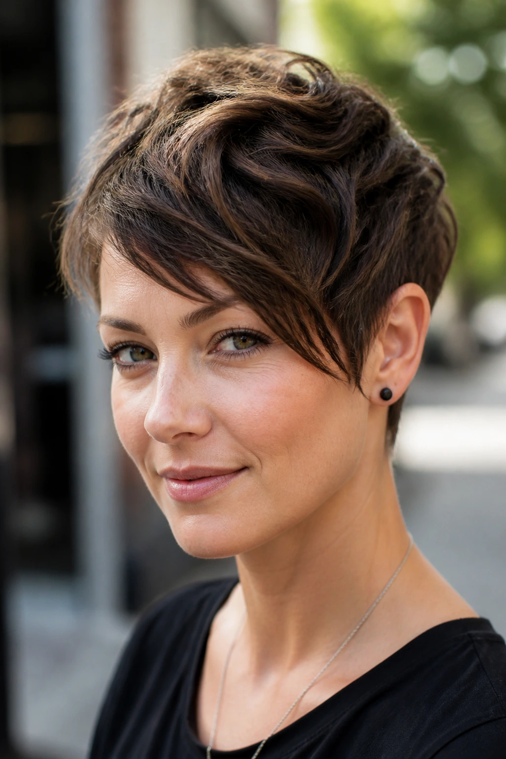 Portrait of a person with angular fringe pixie, frontal to three-quarter angle.